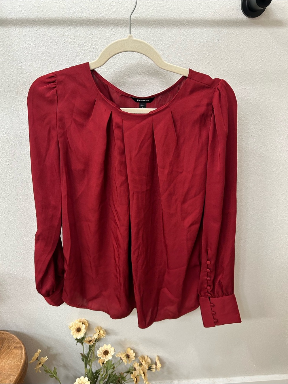 Express Red Pleated Long-Sleeve Blouse